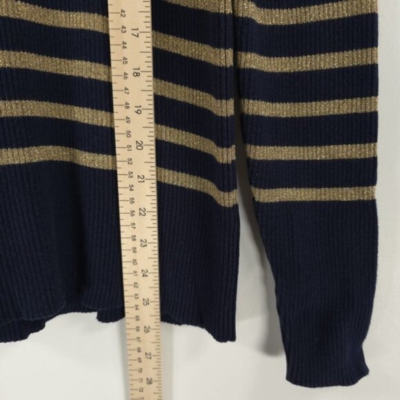 LAUREN RALPH LAUREN LOGO Navy Gold Metallic Stripe Cotton Blend Ribbed Sweater L - Picture 6 of 9